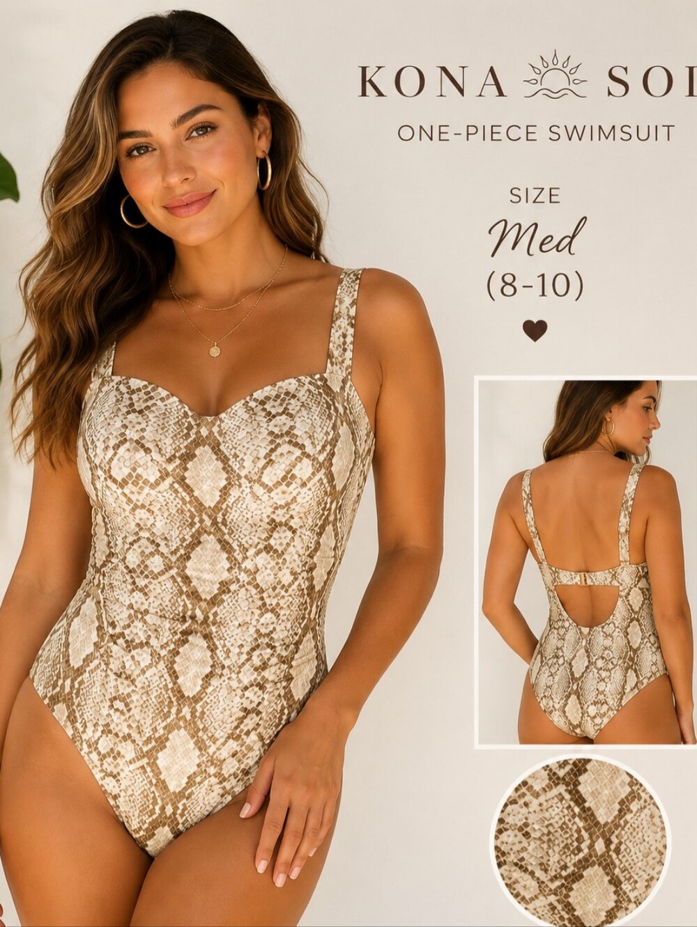 Kona Sol Neutral Snakeskin One-Piece Swimsuit - NWT
